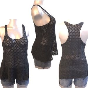 FINN & CLOVER All Over Floral Lace Mesh Cami Tank Top Racerback Sheer Fairy Goth